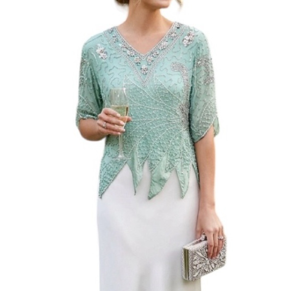 Vintage 90s Beaded Sequin Seagreen Fairycore Asymmetrical Hem Formal blouse
